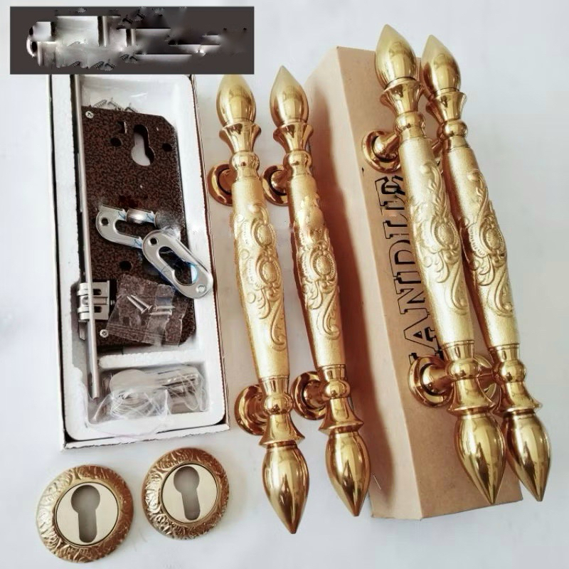 Handle Pintu Kuningan Paket Lengkap 4 Gagang Pintu Dan Kunci Motif Sawo Ukir 36cm