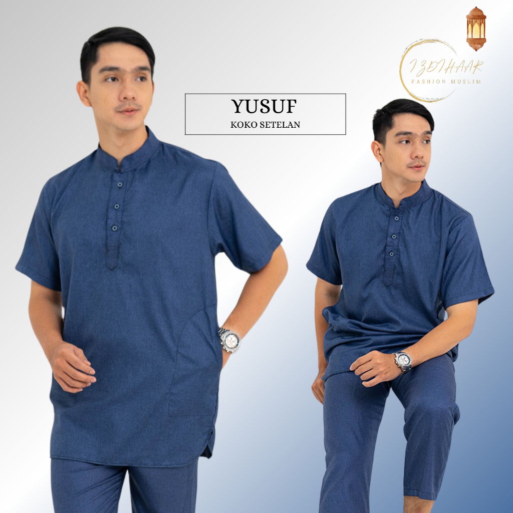Baju Koko Setelan Pria Dewasa Kemeja koko Set Lengan Pendek Bermotif Polos Koko Setelan Yusuf