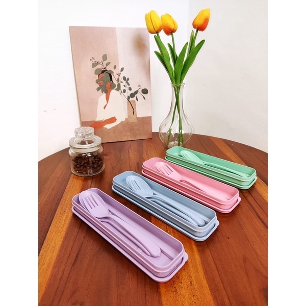 SENDOK JERAMI Set L4 Sumpit Garpu Alat makan Dapur Souvenir pernikahan khitanan kado Warna Cream Bir