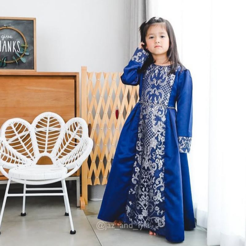 DRESS LEBARAN ANAK BEKAS MULUS GAUN GAMIS PESTA PEREMPUAN BALLOON GIRL PARTY DRESS BIRU NAVY SATIN G