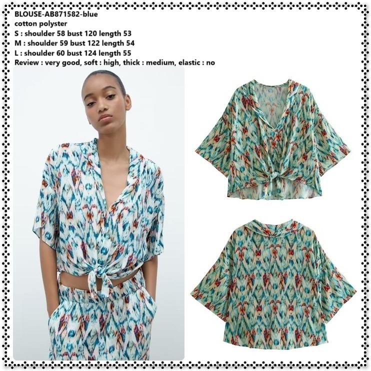 AB871582 Baju Atasan Kemeja Retro Etnik Lengan Pendek Ikat Pita Wanita Korea Import Biru Blue