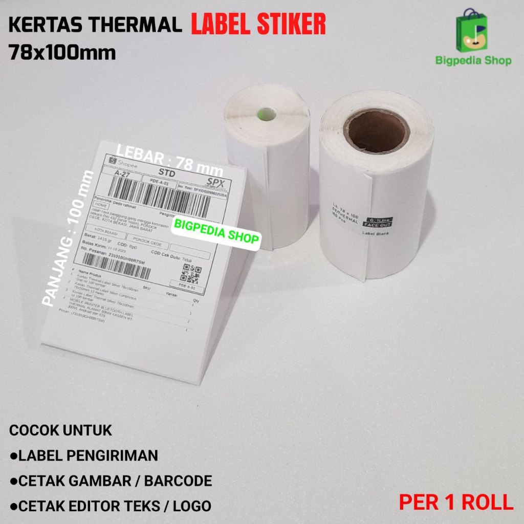 

Kertas Thermal STIKER LABEL 78mm X 100mm Isi 100 Lembar