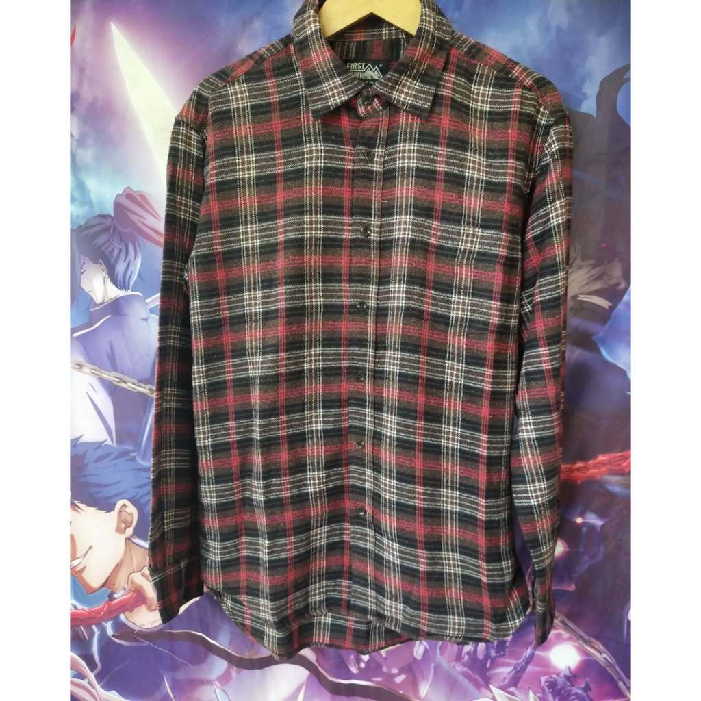 First Down USA Red and Black Plaid Flanel Shirt Kemeja Original Second Merch Japan Korea Brand Vinta