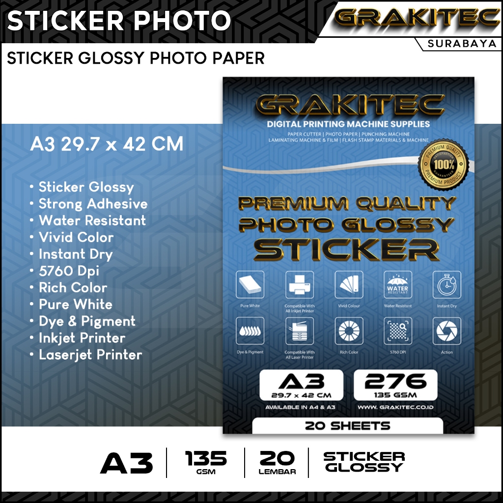 

Sticker Glossy Photo Paper Premium A3 Isi 20 Lembar ( Kertas Foto Sticker Glossy ) 135 GSM Grakitec