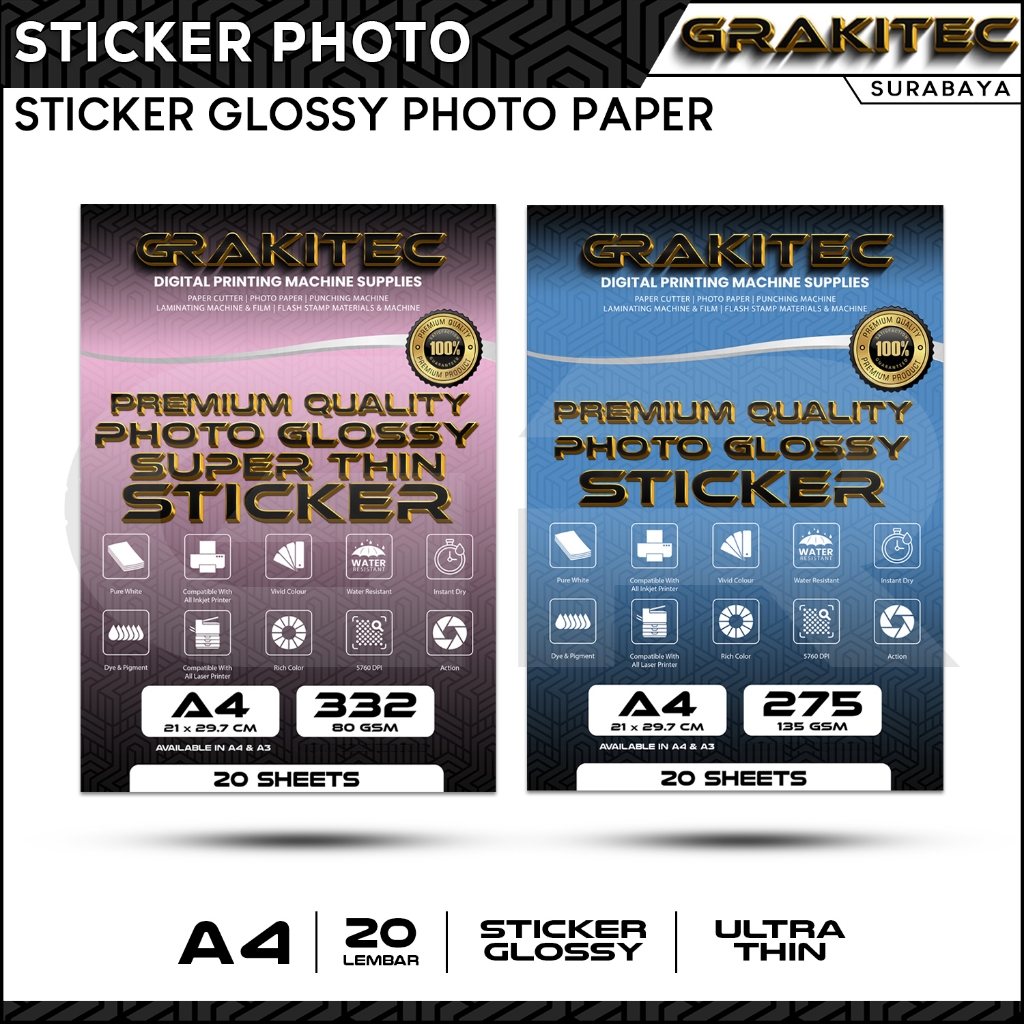 

Sticker Glossy Photo Paper A4 / F4 - Glossy Photo Sticker Paper Isi 20 Lembar ( Kertas Foto Sticker Glossy Premium ) 135 GSM Grakitec