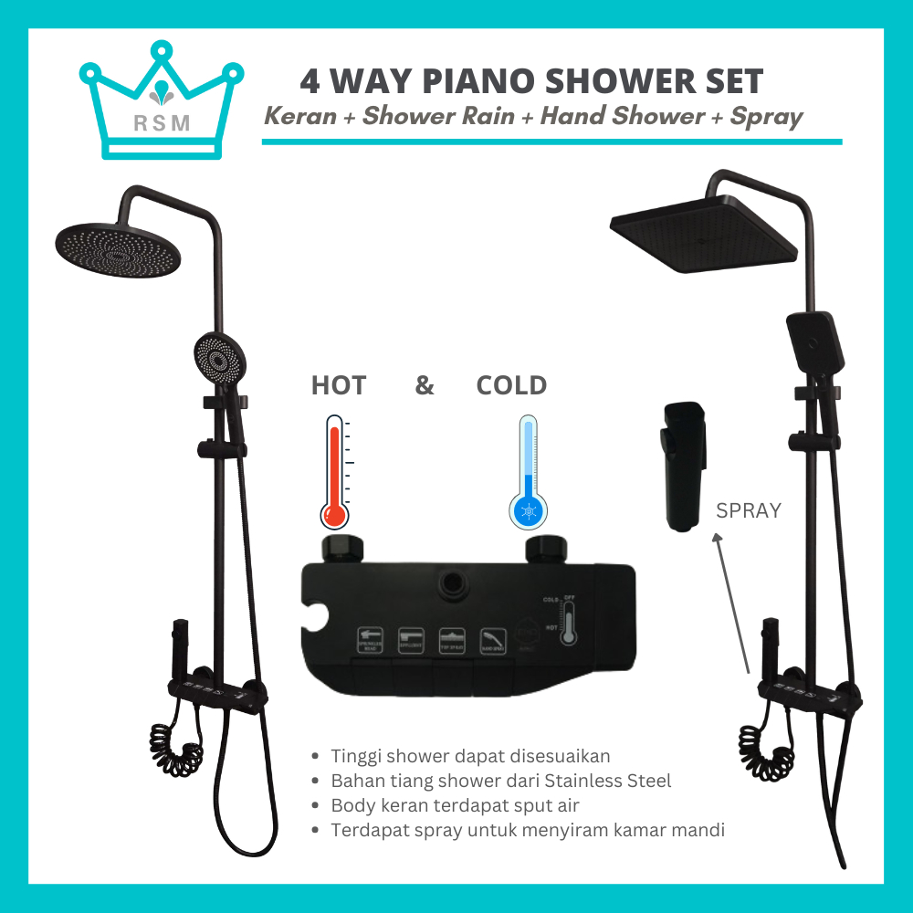 Piano Shower Column Black Pancuran Mandi 4 Output Shower Set Hitam EIXO Bufalo
