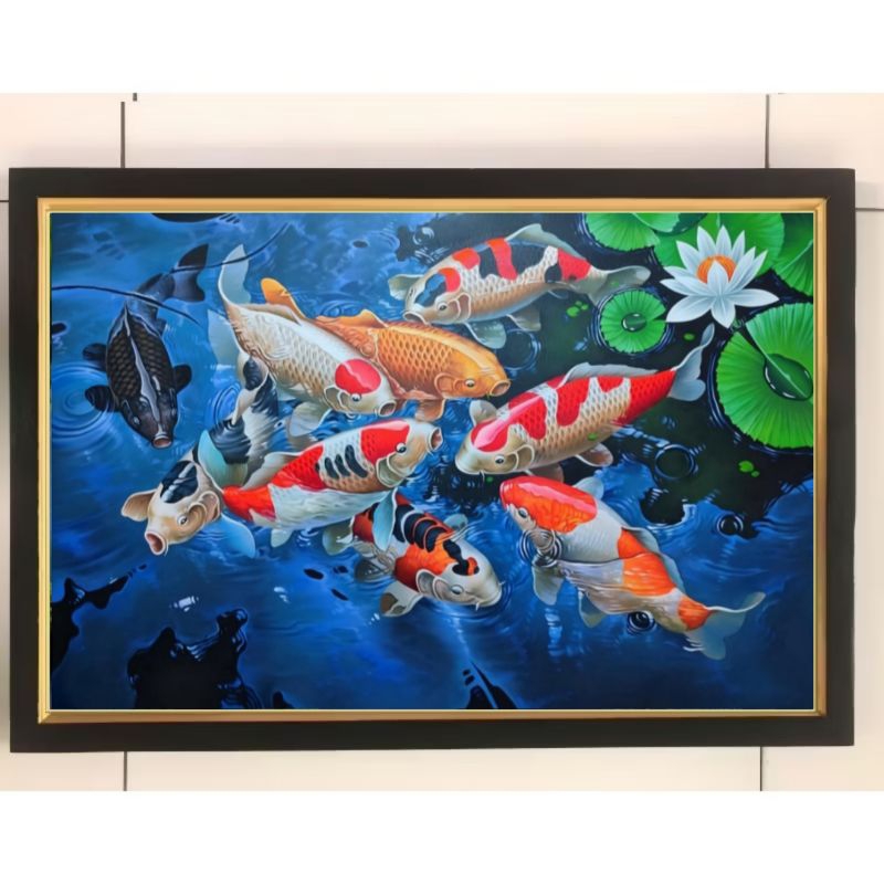 Hiasan dinding lukisan cetak ikan koi cerah plus Bingkai ukuran 65*45