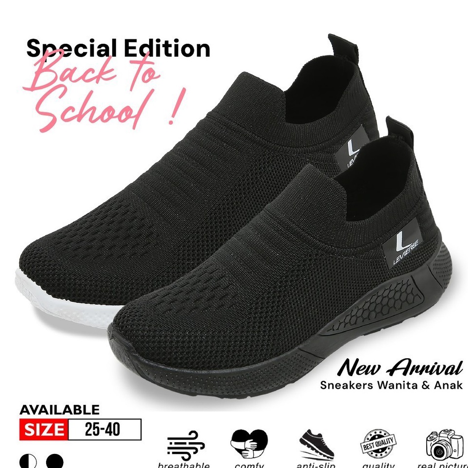 KODE N24H LVRkids FREE BOX SIZE 254 LV438 Sepatu Sekolah Anak SD Sepatu Slip On Anak Hitam Tanpa Tal