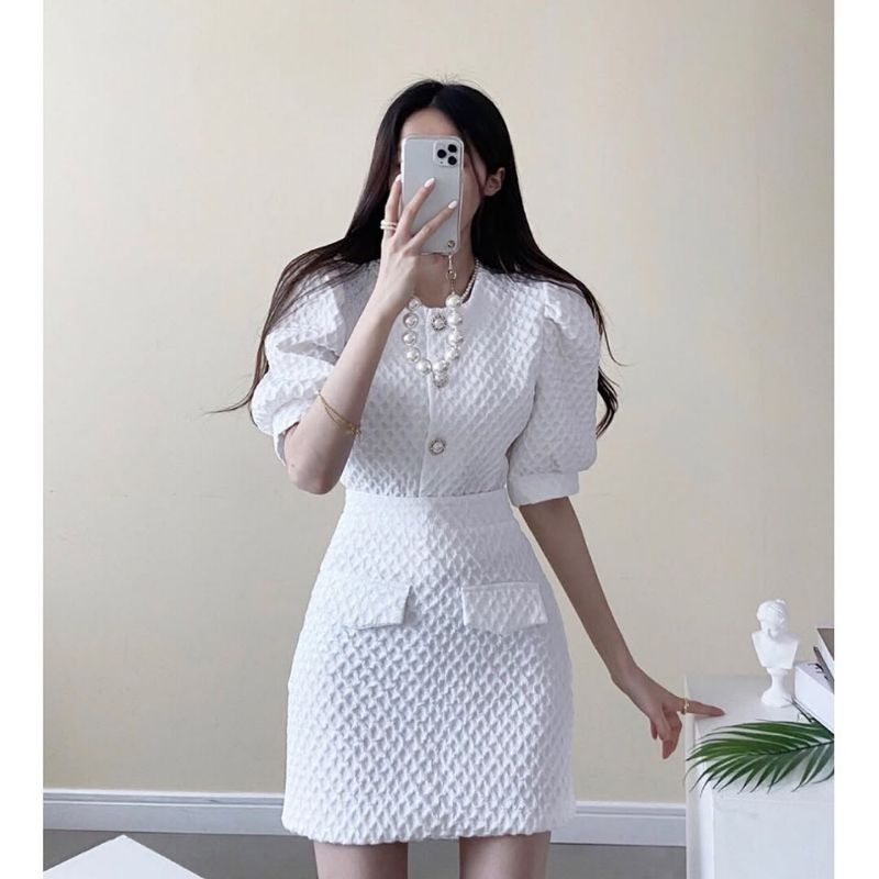 one set pakaian wanita sinhye Korea waffle set blouse n skirt