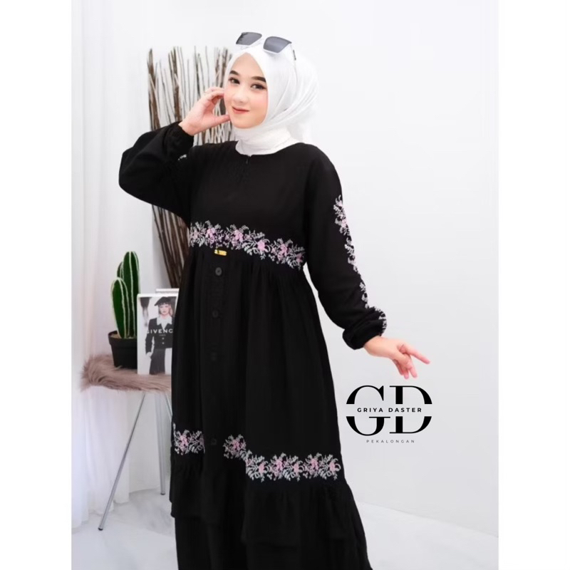 gamis bordir bunga timbul bahan crinkle premium busui friendly