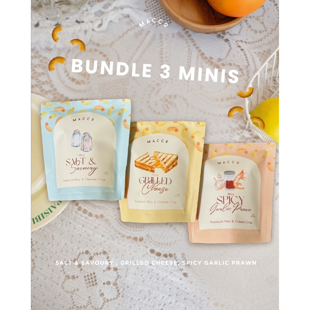 

BUNDLE MINI MACCO SNACK 3 Flavors (Salt & Savoury, Grilled Cheese Spicy Garlic Prawn)