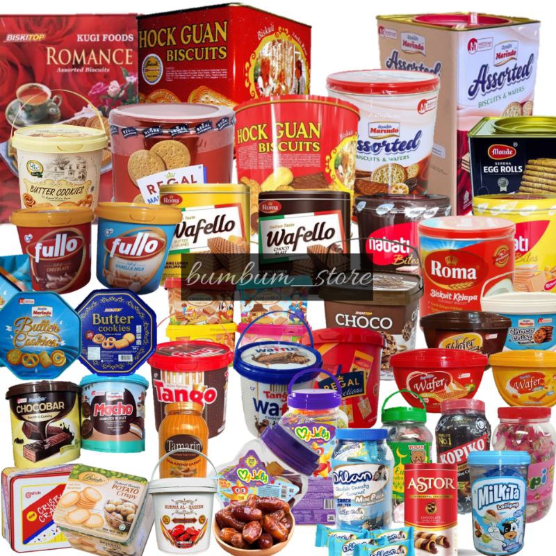 

Aneka Macam Biskuit Kue Wafer Permen Hampers Lebaran 2025 - Hockguan Marindo Denex Columbia Tango Kugi Biskitop Yupi Dilan Regal Roma Nabati