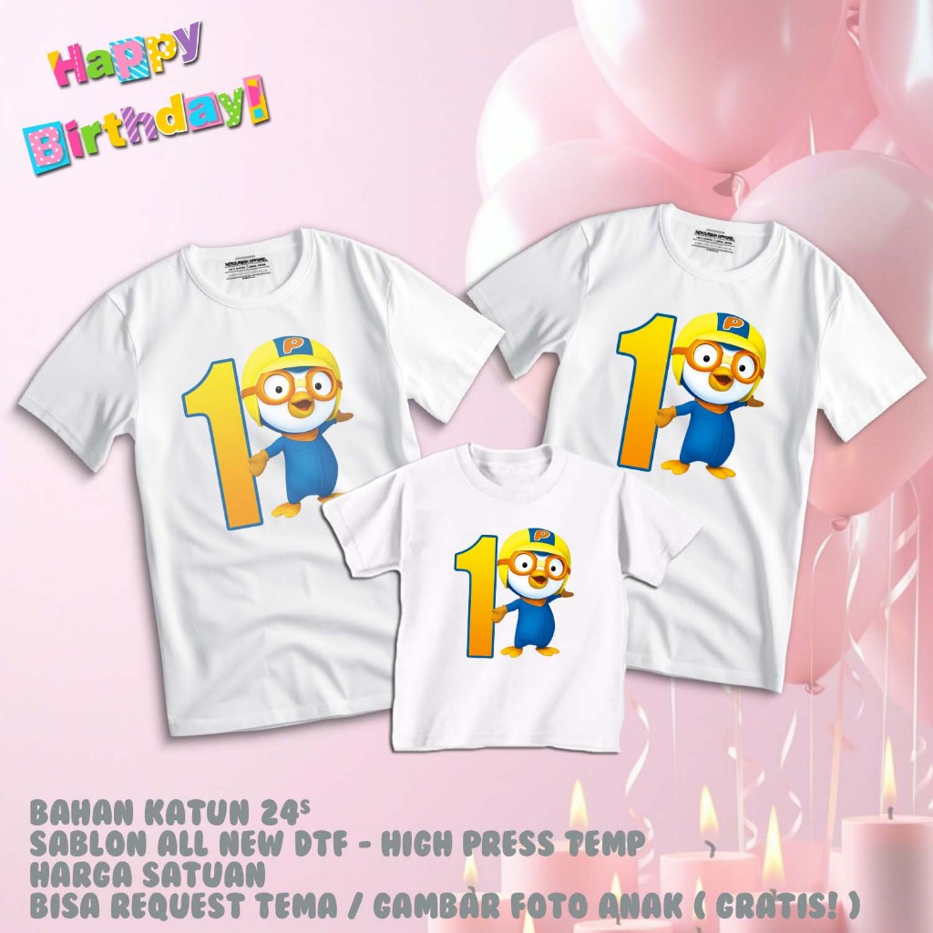 Kaos Ultah Tema Pororo | Bisa Custom Design | Gratis Nama Anak