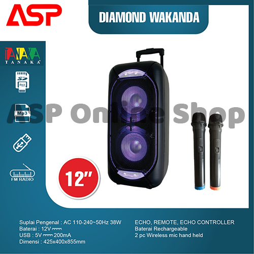 TANAKA DIAMOND WAKANDA 12 Inch Speaker Trolley Portable Meeting Free 2 Mic Microphone Wireless