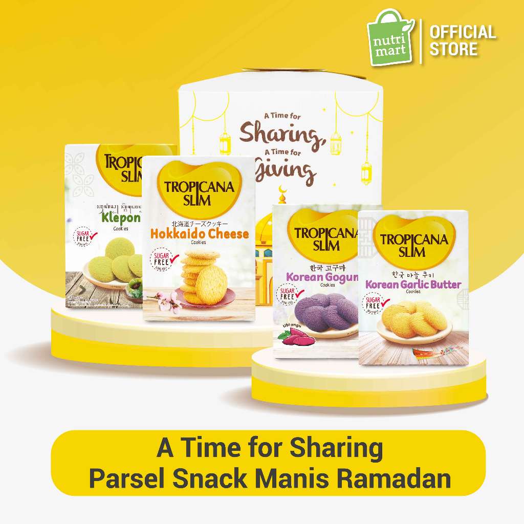 

Parsel Ramadan Tropicana Slim - Time for Sharing Cookies Package - Hokkaido Cheese, Korean Garlic, Korean Goguma & Klepon