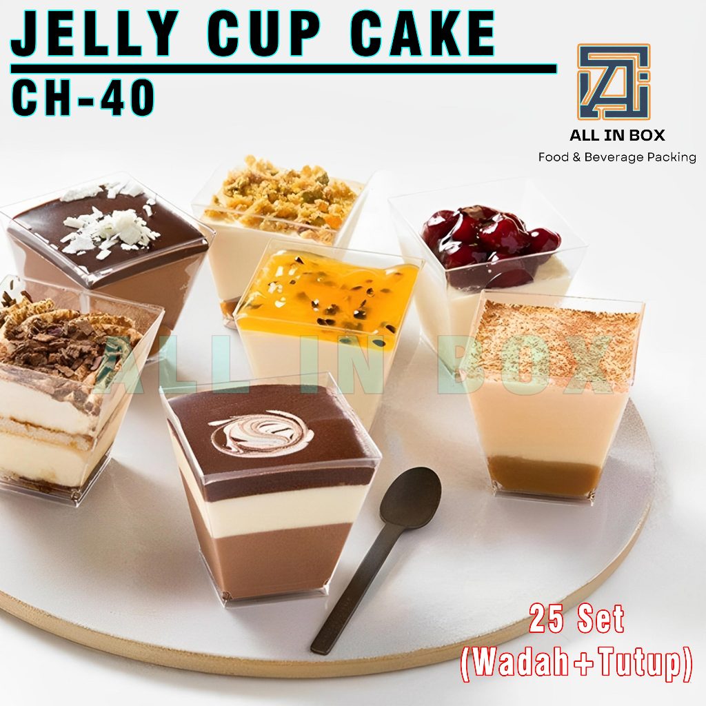 Jelly Puding Cake Cup CH 40 Square Besar dengan Tutup - Pudding Cup - Cup Dessert isi 25 Pcs