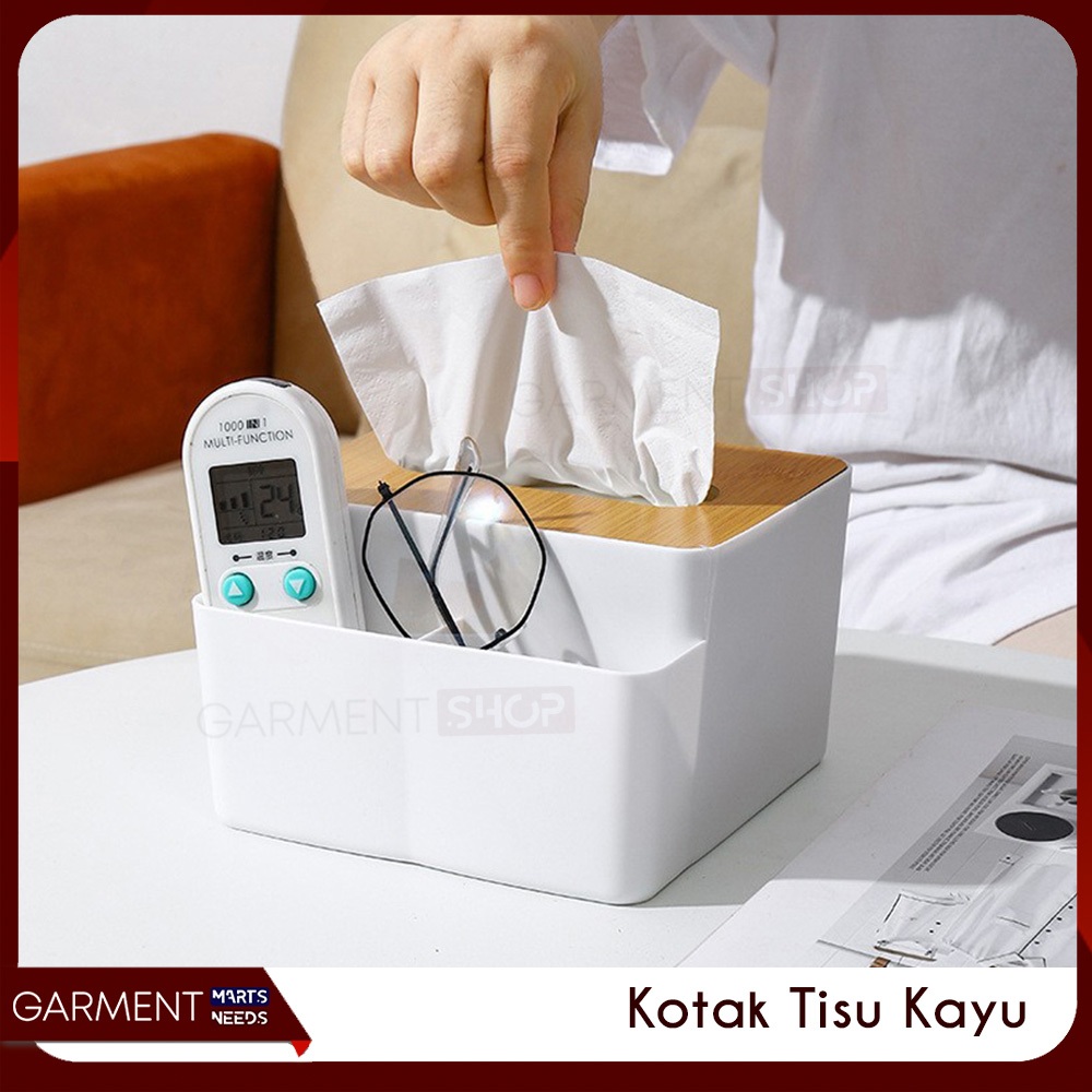 Kotak Tisu 2 Sekat Box Tempat Tissue Meja Dengan Rak Remote Stationery Motif Kayu Aesthetic