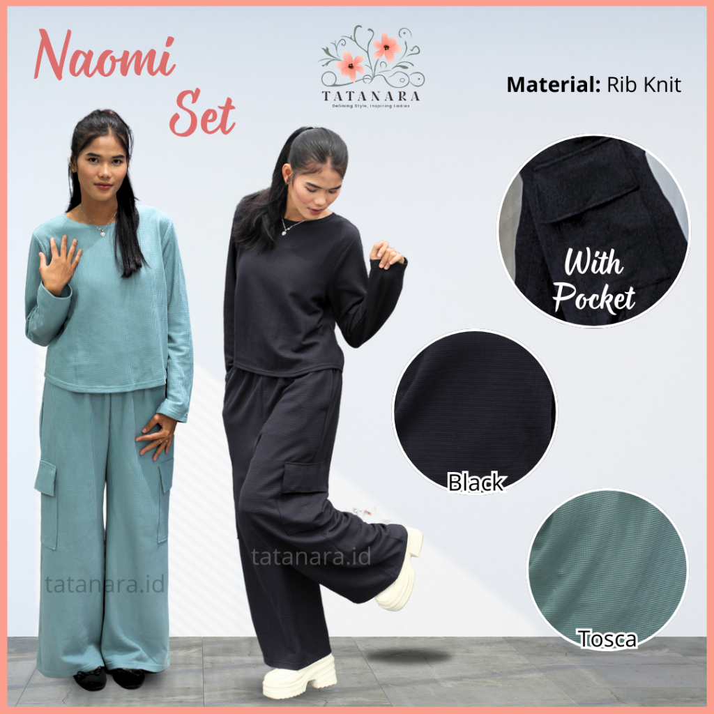 Naomi Set -Setelan One Set Lengan Panjang Waffle / Cargo Pants Wanita / One Set Knit Premium Waffle 