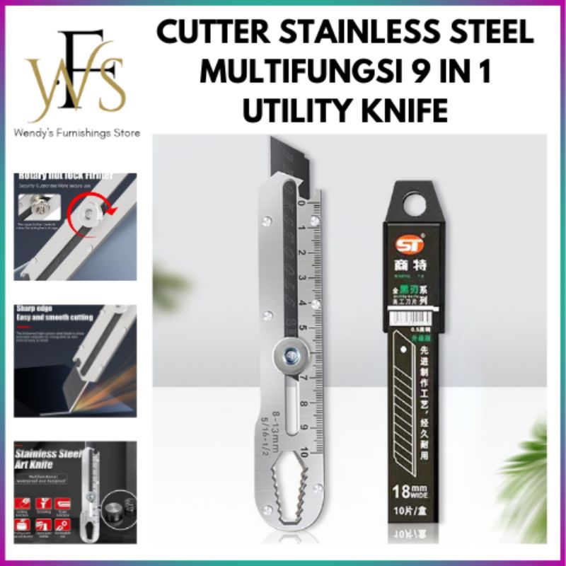 

WFS - PISAU CUTTER STAINLESS STEEL 9IN1-CUTTER MULTIFUNGSI-MATA CUTTER SUPER TAJAM-CUTTER LENGKAP LUBANG PEMBUKA BAUT,PENGGARIS PENGUKUR