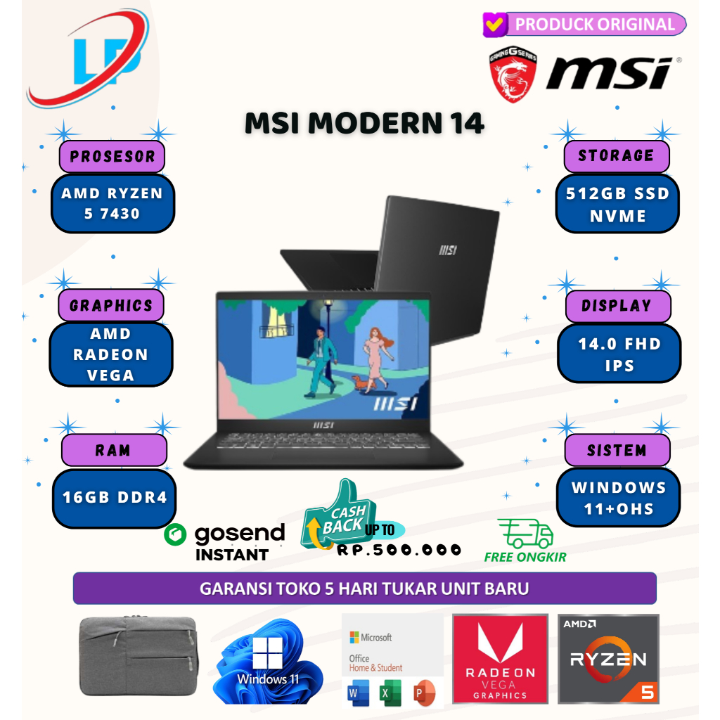 Msi modern 14 ryzen 5 7430 16gb 512gb w11+ohs 14.0 fhd ips