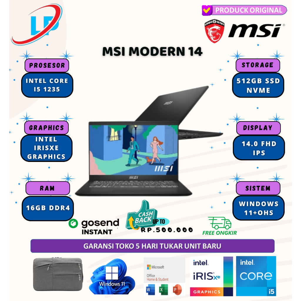 Msi modern 14 I5 1235 16gb 512gb w11+ohs 14.0 fhd ips