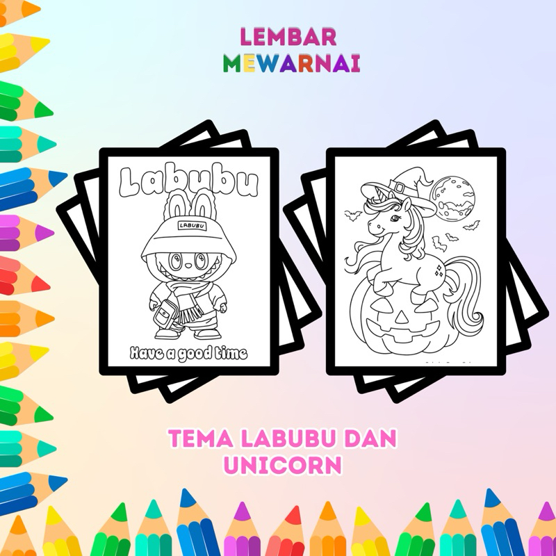 

20 Lembar Gambar Mewarnai Labubu dan Unicorn Untuk Anak PAUD TK SD ukuran A4 & A5 | Belajar Mewarnai Kreativitas Anak