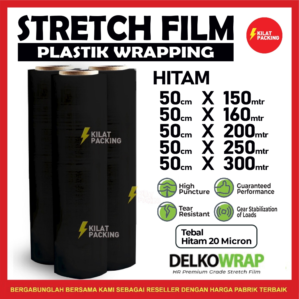 

PLASTIK WRAP TERMURAH - STRETCH FILM HITAM - DELKOWRAP - VARIAN UKURAN 50CM TEBAL SATUAN