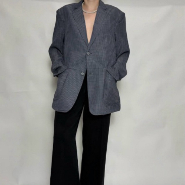 RE/CYCLED - Navy Checkered Textured Blazer - Outer Jas Warna Biru Navy Motif Kotak Bertekstur