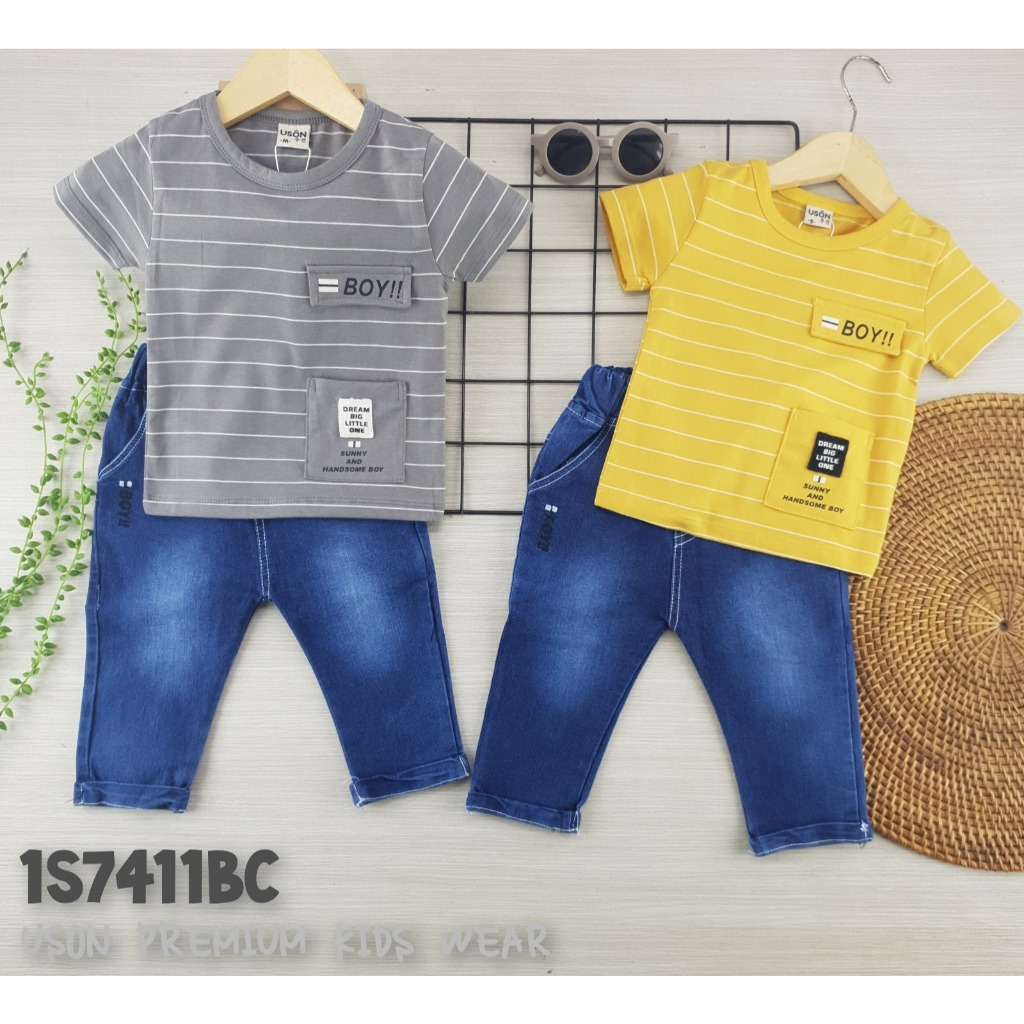 LELANG USON 7411 (DISKON SIZE S,M & L) SETELAN KAOS ANAK COWOK USON JEANS PANJANG (ABU-KUNING)