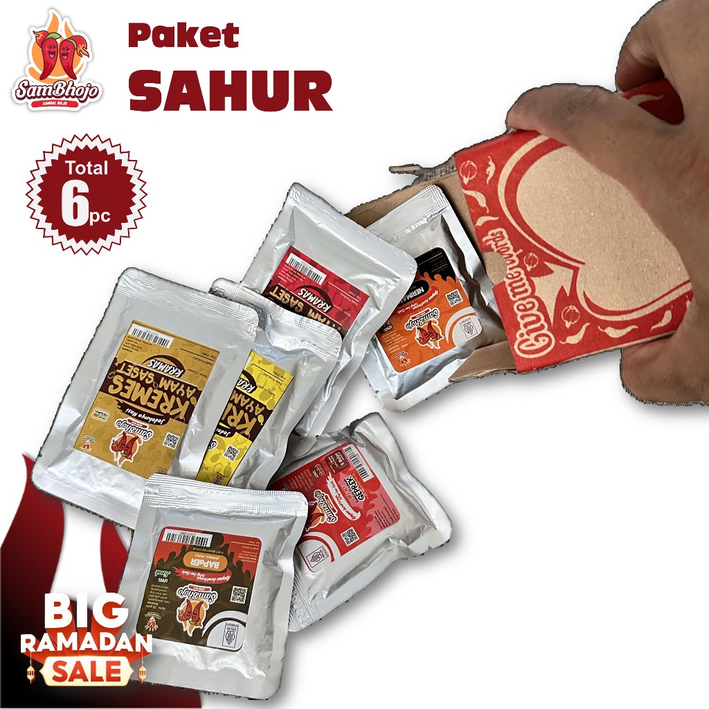 

SamBhojo Paket Sahur 3pc Sambal Sachet (Sambal Geprek, Sambal Paru, Sambal Teri Medan) dan 3pc Kremes Ayam