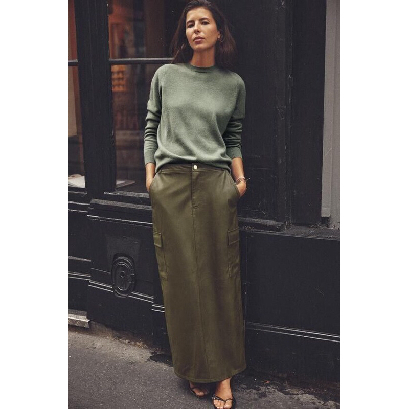 Zara Leather Effect Cargo Midi Skirt Olive Khaki Original New - Size S