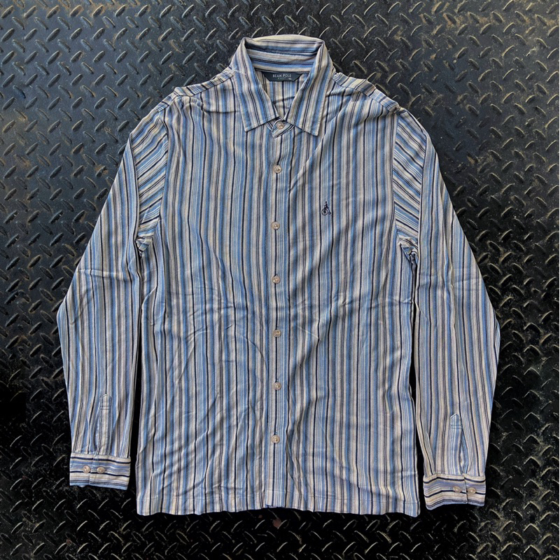 Thrift | Bean Pole Grey Blue Knit Stripe Shirt Kemeja Abu Biru Rajut Branded Second Bekas