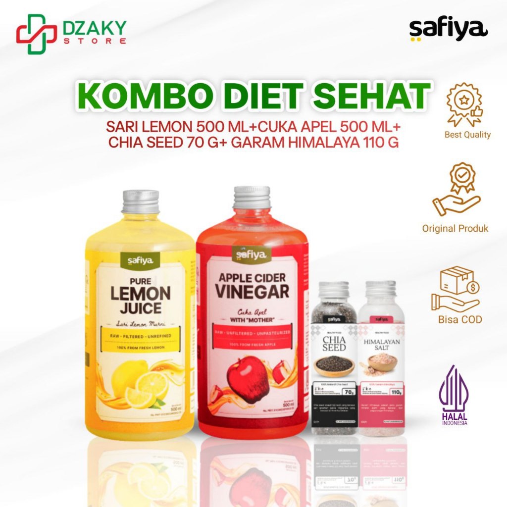 

Safiya Paket Diet 4in1 Cuka Apel 500ml + Sari Lemon 500ml + Chiaseed 70gr + Garam 110gr