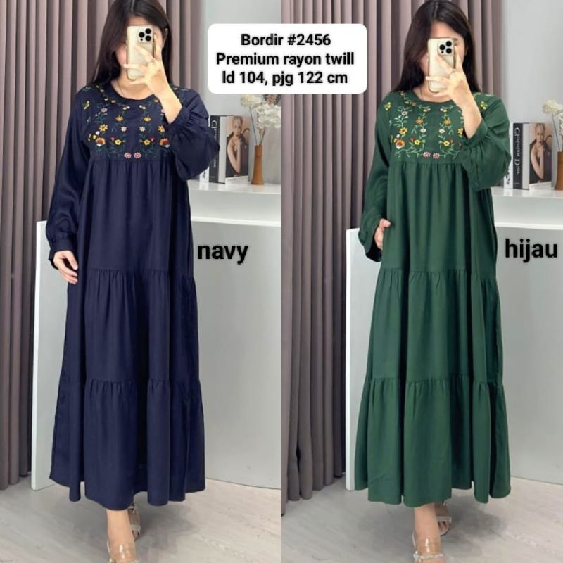 Gaun Bordir Premium Rayon Twill 2456 - Navy/Hijau - Wanita, Pesta, Dewasa, Shakila, Casual, Midi, Ba