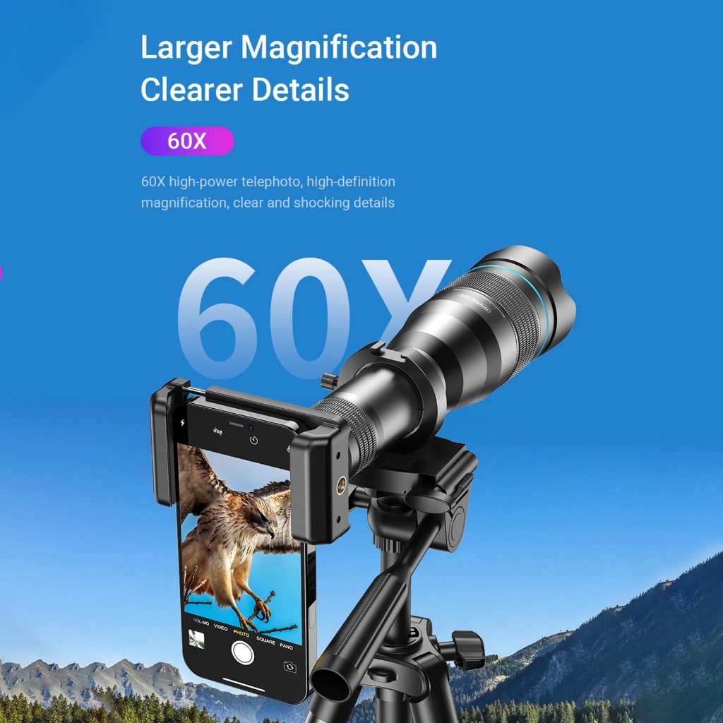 APEXEL Lensa Kamera HP Telephoto 60X + Tripod – Lensa Zoom HD untuk Android & iPhone
