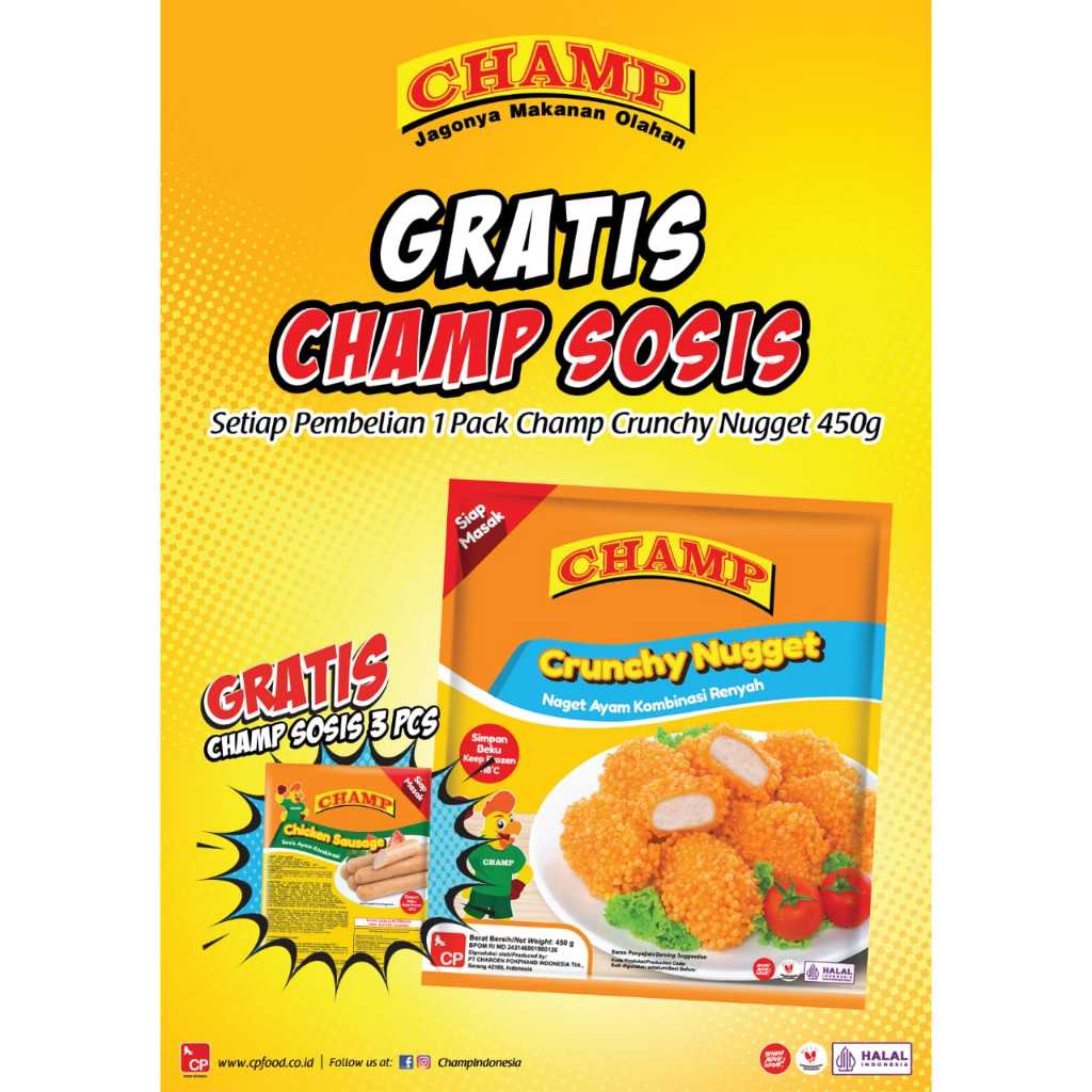 

CHAMP CRUNCHY NUGGET VARIAN 225 GRAM / 450 GRAM FREE CHAMP SOSIS