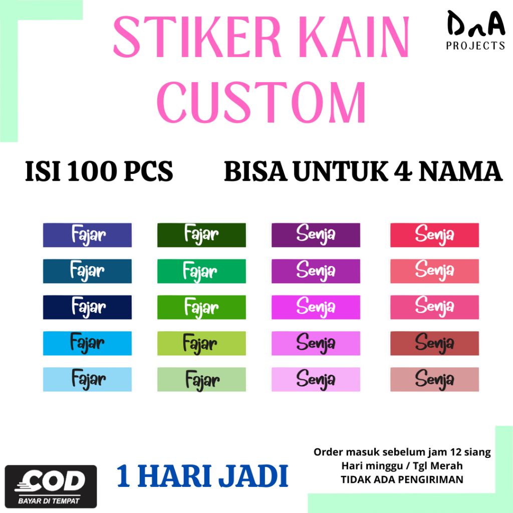 

Isi 100 Pcs Stiker Kain Custom Label Nama Baju Setrika Cutting Block Bisa Untuk 4 Nama