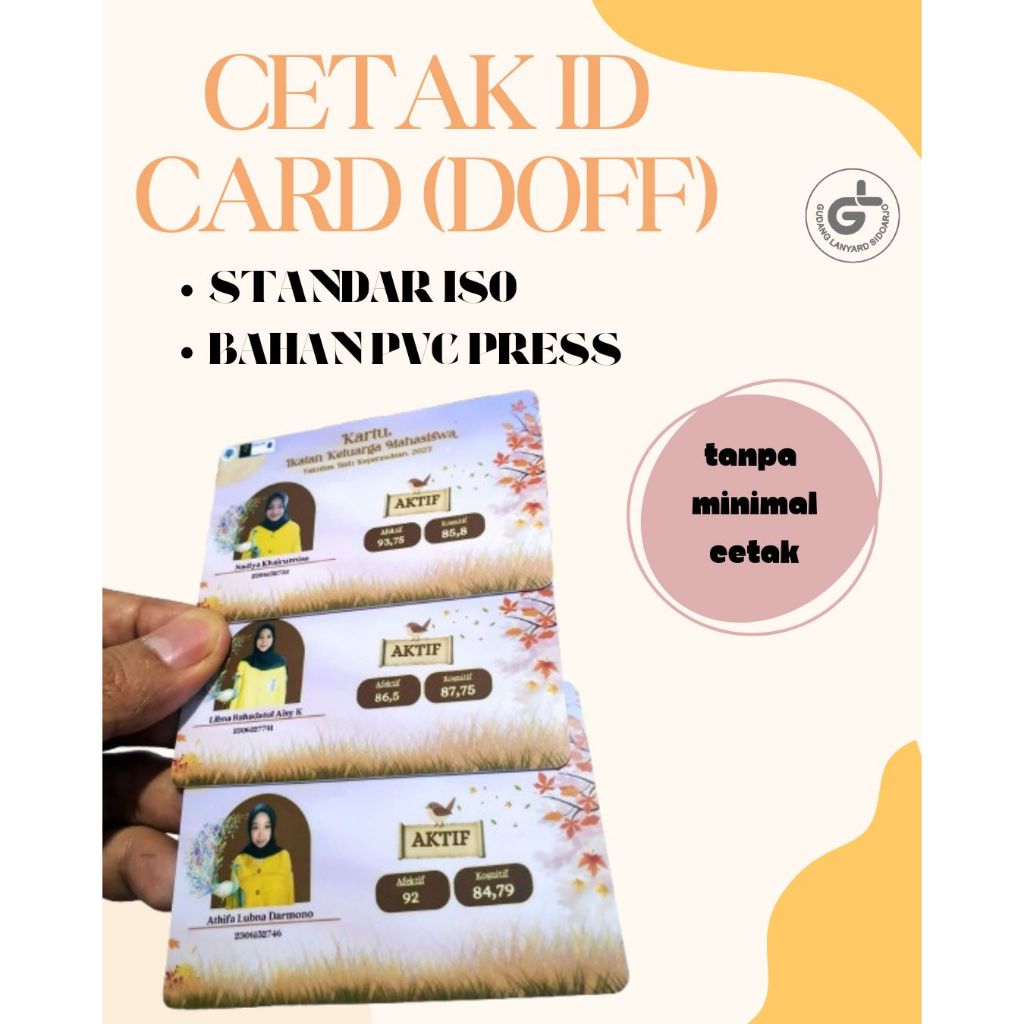 

Cetak ID CARD DOFF bahan PVC PRESS OVEN, kartu member/kartu mahasiswa, cetak minimal 11PCS