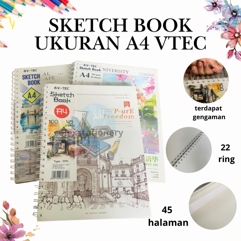 

[1 PC] Buku Sketch Book Gambar / Buku Menggambar Sketsa Spiral Aesthethic Ukuran A4 Isi 45 Lembar 100 Gsm Vtec