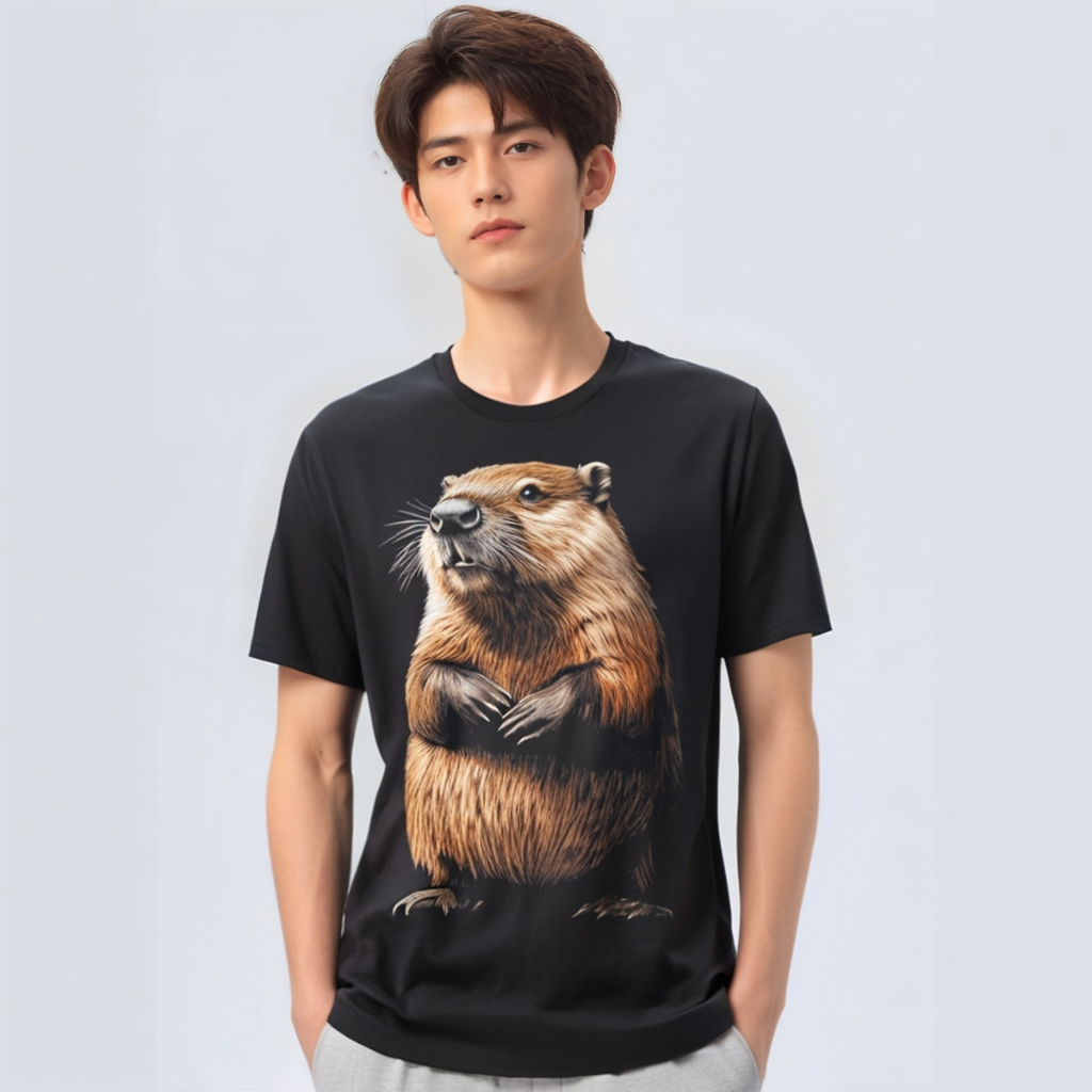 kaoswarna 丨 T-shirt hitam Karya Seni Motif Hewan Berang-berang Kaos Berang-berang