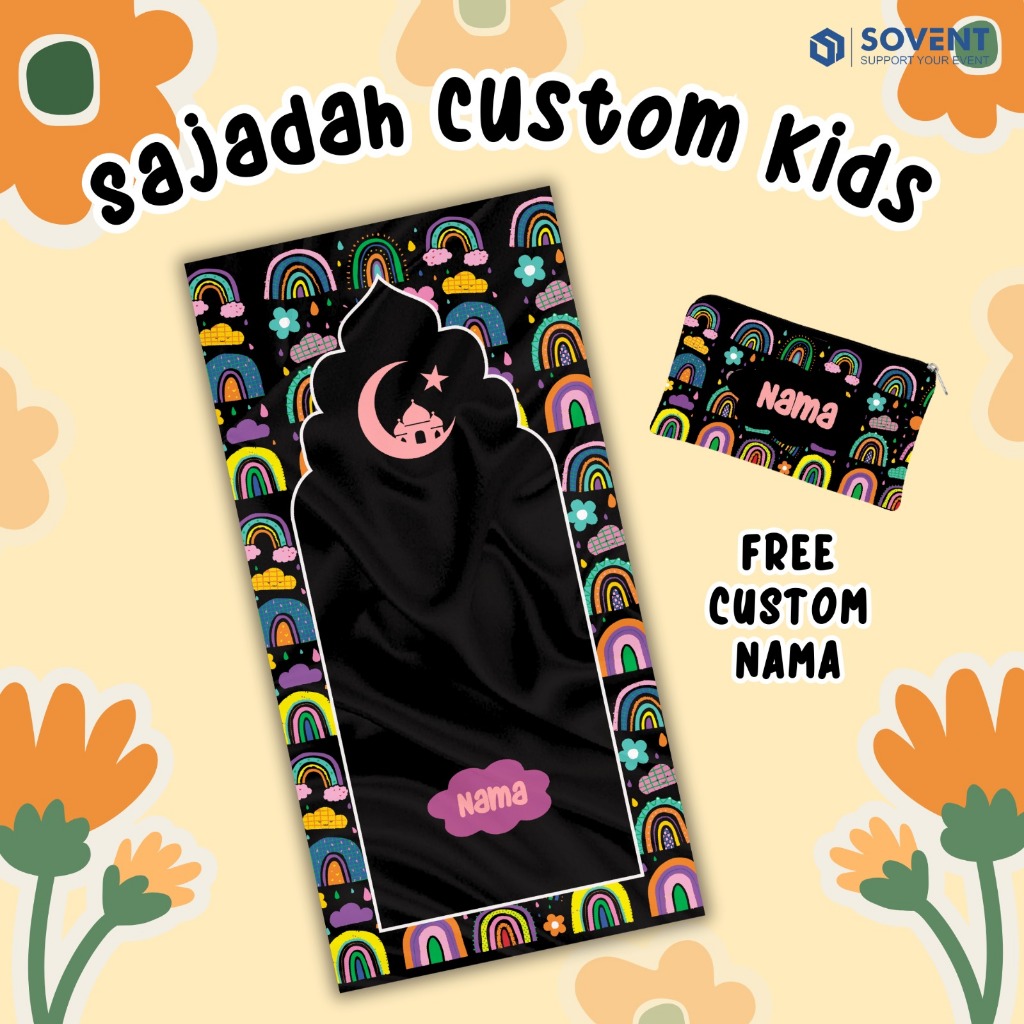 SAJADAH ANAK MOTIF RAINBOW / SAJADAH TRAVEL MOTIF PELANGI /  SEJADAH TRAVEL ANAK CUSTOM NAMA ANTI SL