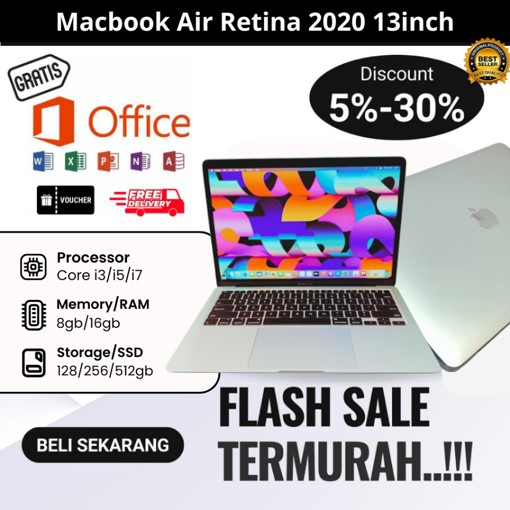 [PROMO] Macbook Air (13inch 2020) core i3/i5/i7 RAM 8gb/16gb SSD 128gb/256gb/512gb
