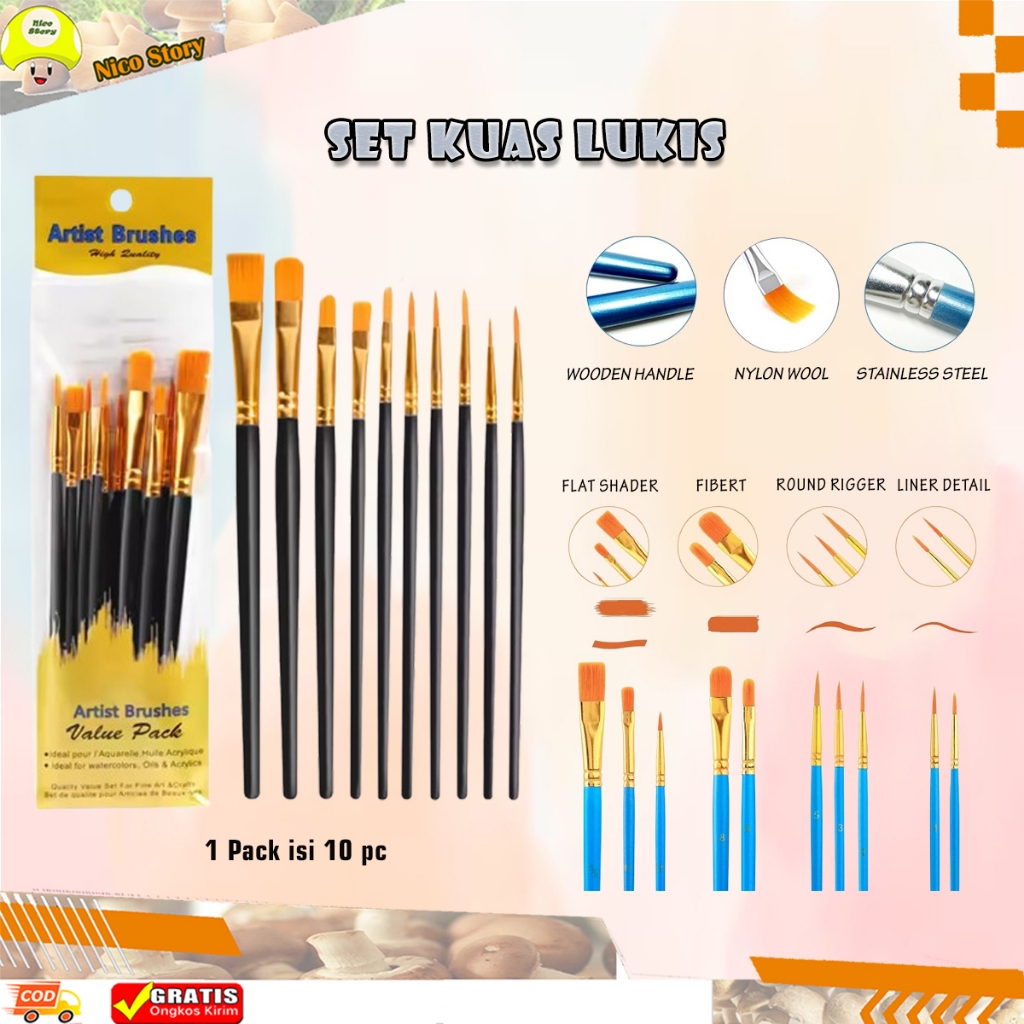 (ncs) Set Kuas Lukis 10pcs Paket Brush Melukis 10 in 1 pcs face painting brus cat acrylic air minyak