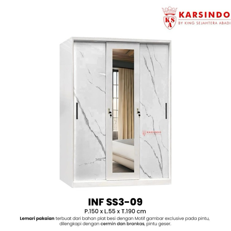 Lemari Baju Pakaian Plat Besi 3P Sliding Karsindo