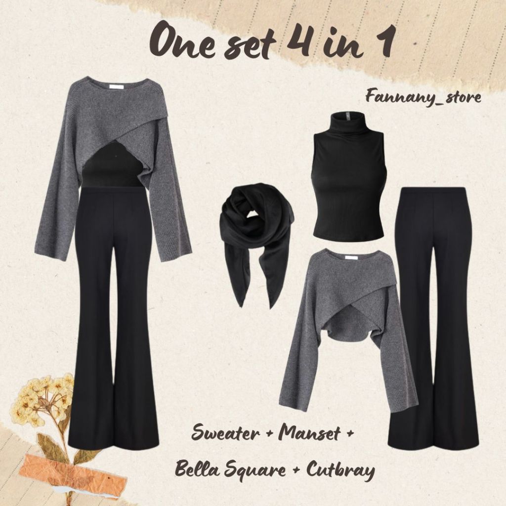 Korean Style One Set Kekinian Sweater Rajut Crop + Kulot cutbray + Tanktop + Bella Square