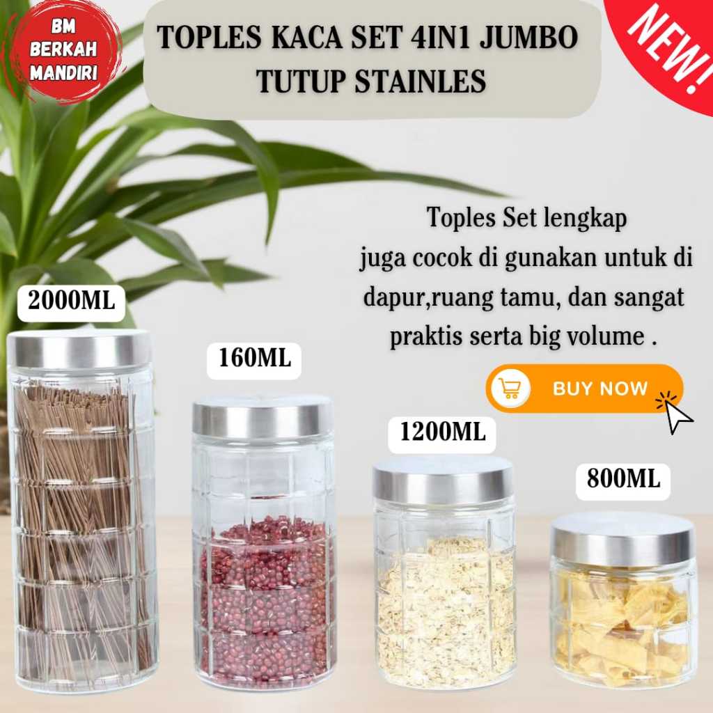 Toples Kaca Set 4IN1 jumbo Tutup Stainless Motif Diamond  dan kotak  Toples Lebaran Serbaguna promo