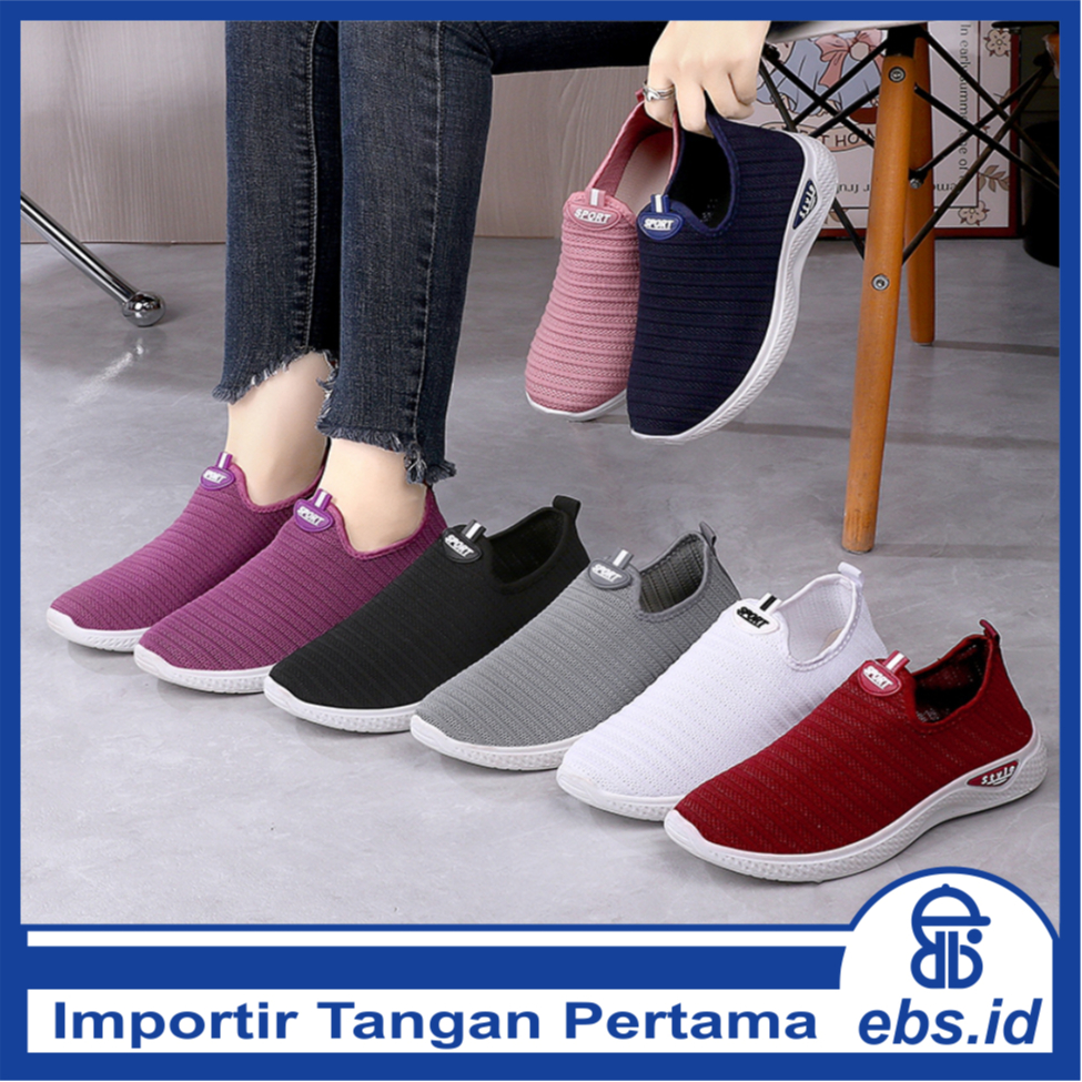 EBS - SEP104 (Tanpa Kotak) Sepatu Sneakers Wanita Tanpa Tali Alas Bawah Tapak Putih 7 Pilihan Warna 
