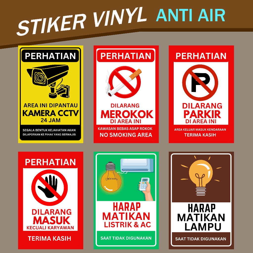 

stiker vinyl sign cctv, no smoking, dilarang masuk, matikan lampu