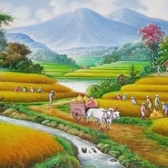 Lukisan Pemandangan Panen Padi dengan Gunung dan Sawah – 150x90 cm