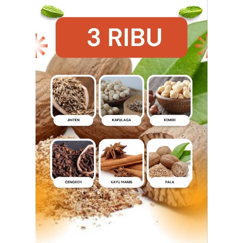 

Bumbu dapur/rempah kayu manis, jinten, ketumbar,cengkeh,kemiri,kapulaga,biji pala,